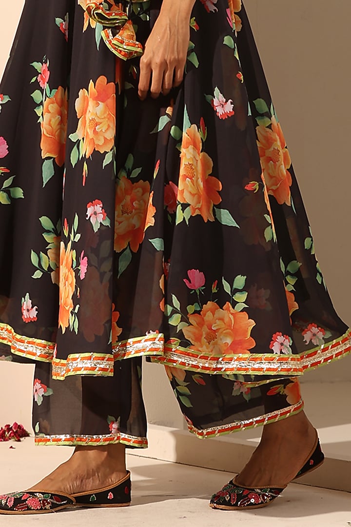Black Georgette Floral Printed Angrakha Party Wear Anarkali Set by Pomcha Jaipur at Pernia's Pop Up Shop