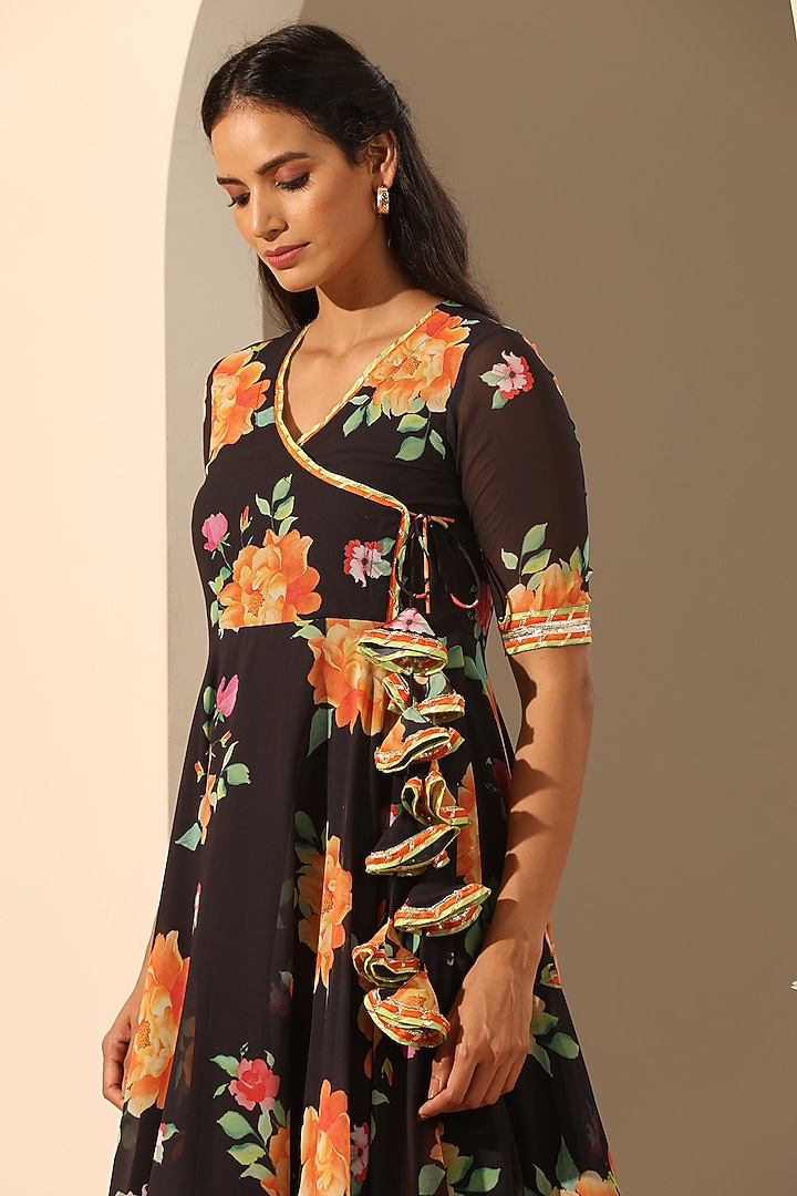 Black Georgette Floral Printed Angrakha Party Wear Anarkali Set by Pomcha Jaipur at Pernia's Pop Up Shop