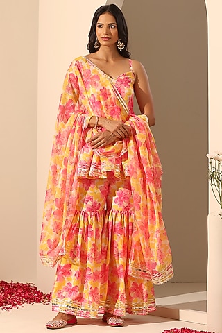 Yellow Muslin Printed Sharara Set by Pomcha Jaipur
