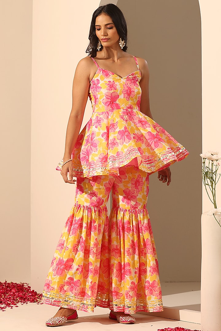 Yellow Muslin Printed Sharara Set by Pomcha Jaipur at Pernia's Pop Up Shop