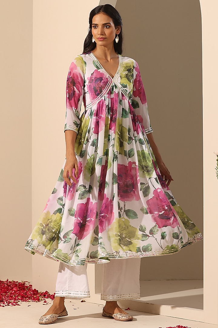 White Georgette Printed Anarkali Set by Pomcha Jaipur at Pernia's Pop Up Shop