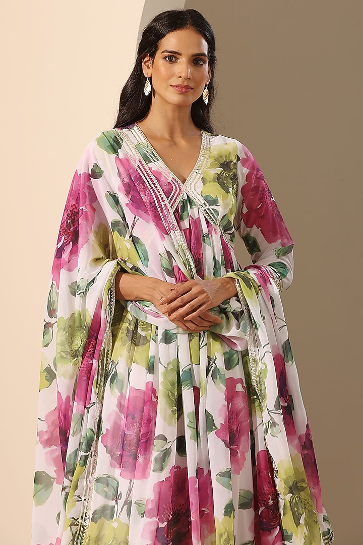 White Georgette Printed Anarkali Set by Pomcha Jaipur at Pernia's Pop Up Shop