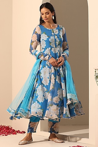 Blue Organza Printed Anarkali Set by Pomcha Jaipur