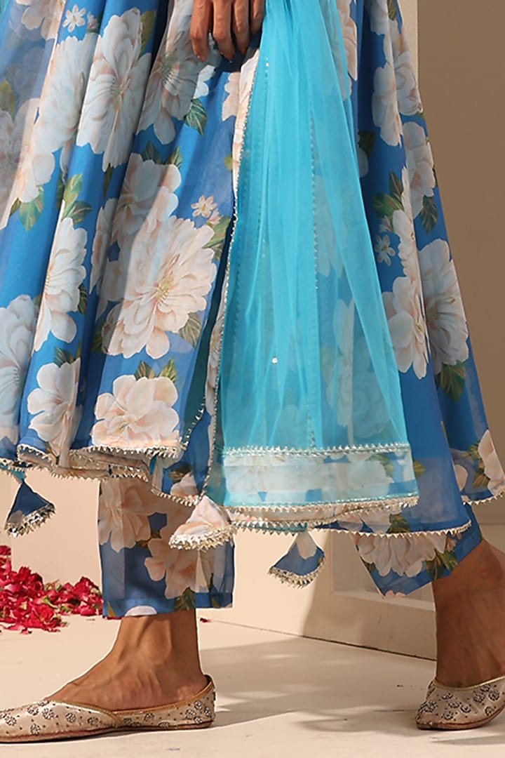 Blue Organza Printed Anarkali Set by Pomcha Jaipur at Pernia's Pop Up Shop