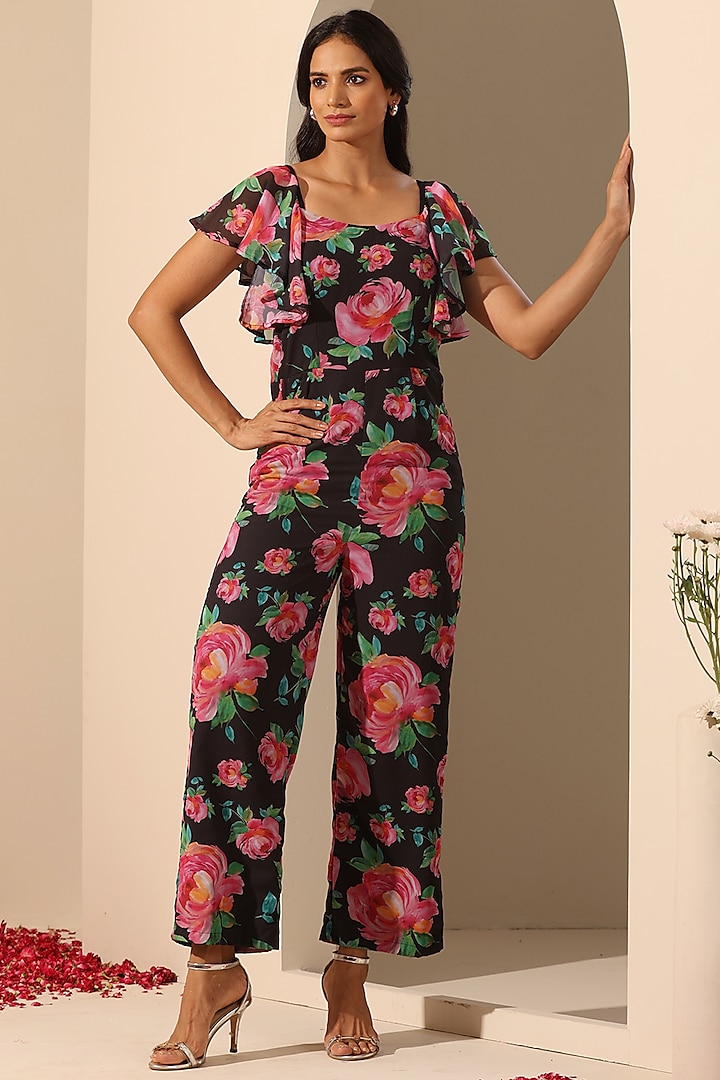 Black Georgette Printed Jumpsuit by Pomcha Jaipur