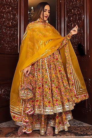 Mustard Cotton Anarkali Set by Pomcha Jaipur
