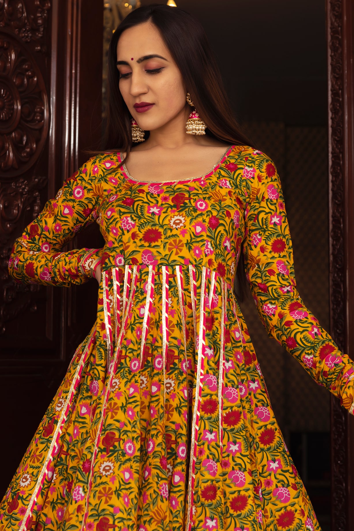 Jaipur Cotton Mustard Floral Puff Midi - JPMD05