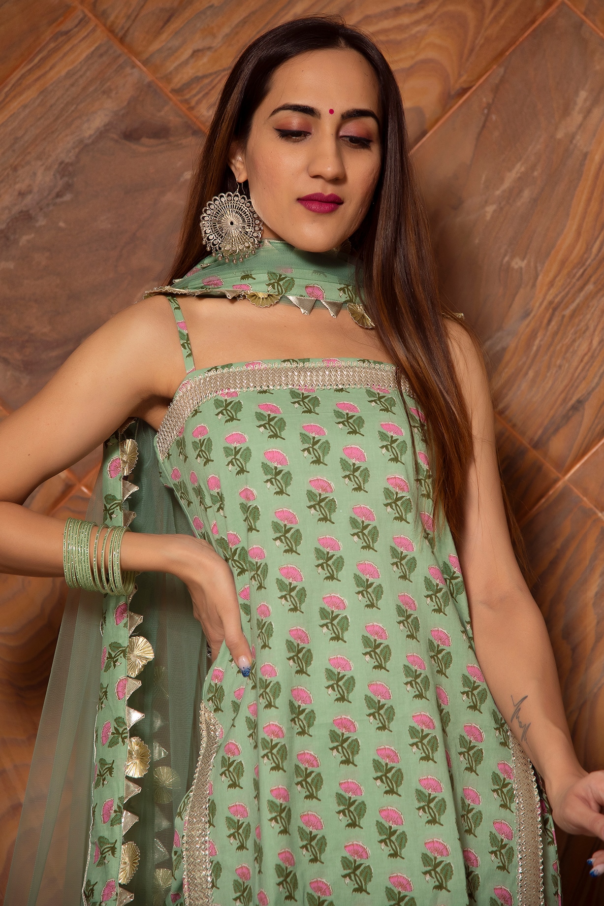 Green block printed kurta set with jacket