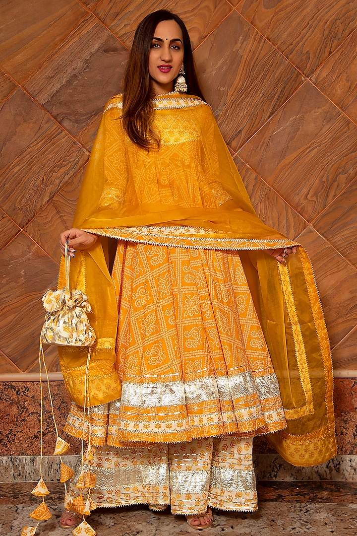 Mustard Cotton Anarkali Set by Pomcha Jaipur