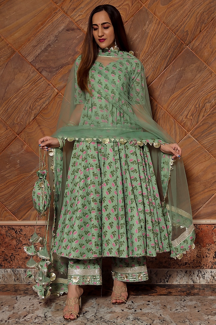 Green Paisley Printed Anarkali Set by Pomcha Jaipur