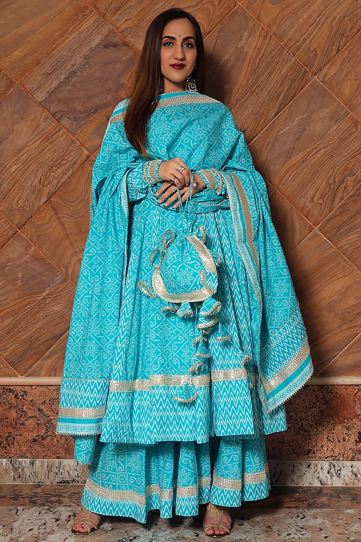 Blue Cotton Anarkali Set by Pomcha Jaipur
