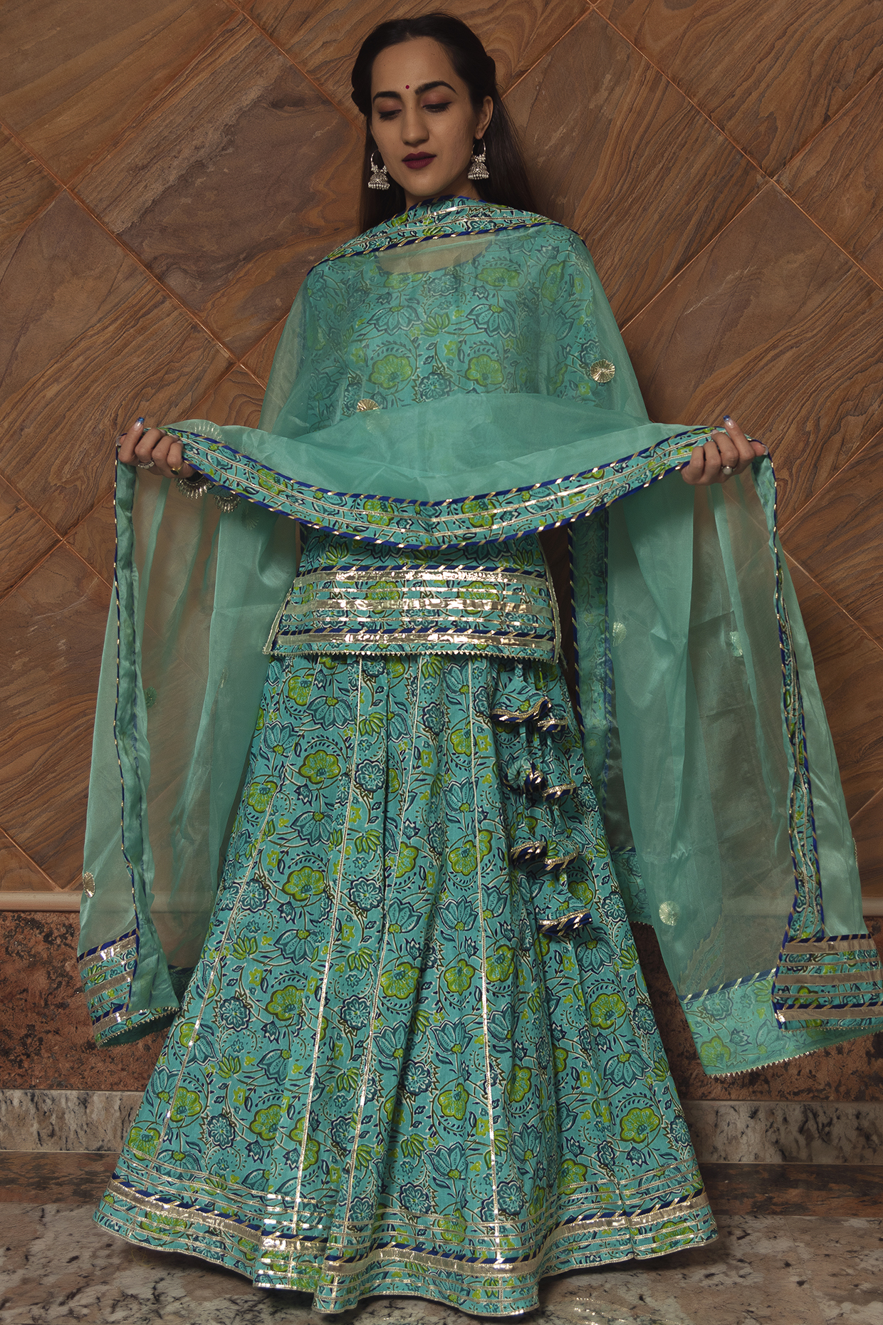 Teal Block Printed Skirt Set by Pomcha Jaipur at Pernia's Pop Up Shop