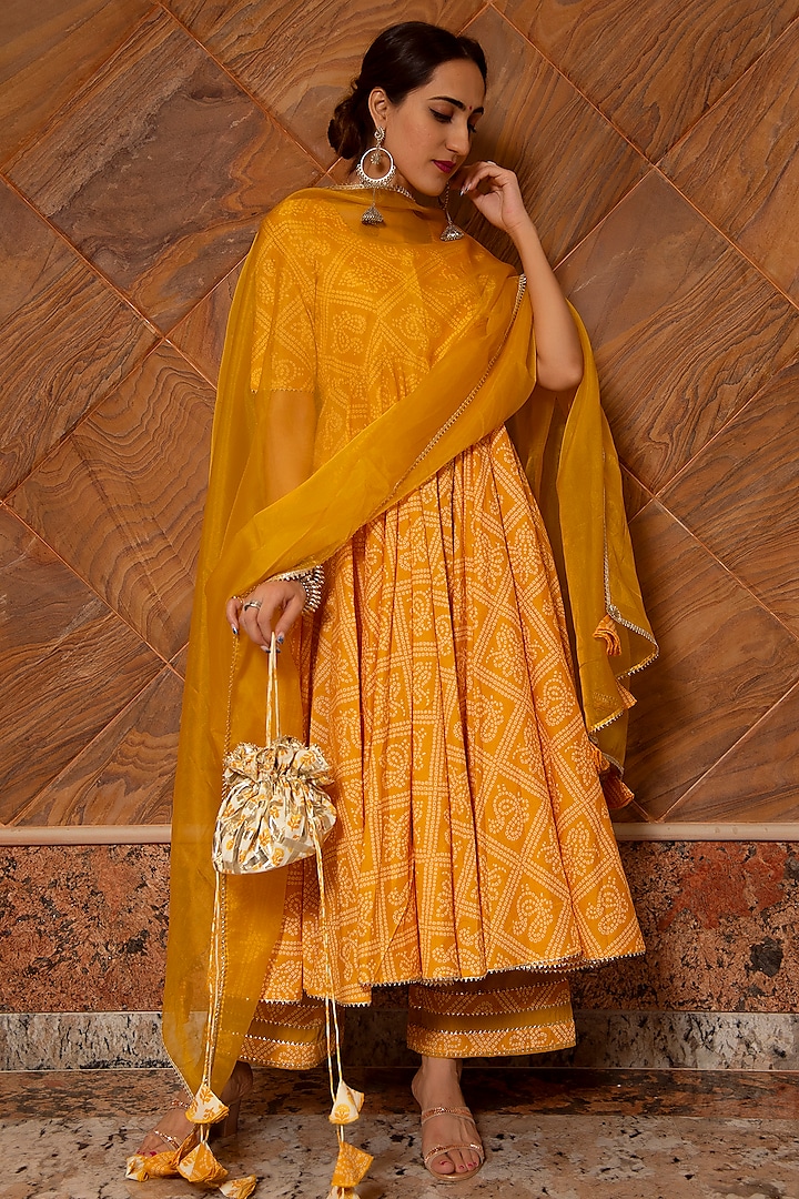 Yellow Bandhej Printed Anarkali Set by Pomcha Jaipur