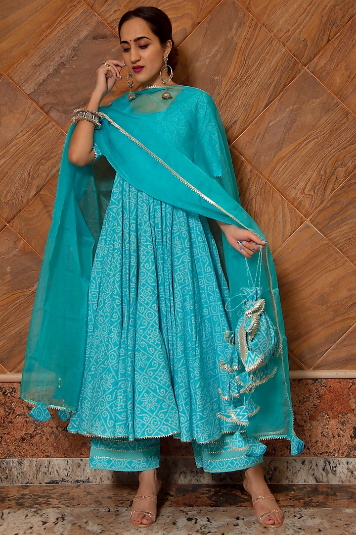 Blue Bandhej Printed Anarkali Set by Pomcha Jaipur