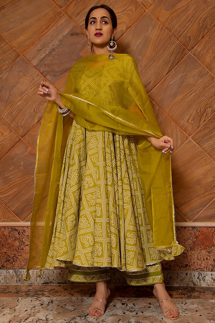 Mehendi Green Bandhej Printed Anarkali Set by Pomcha Jaipur