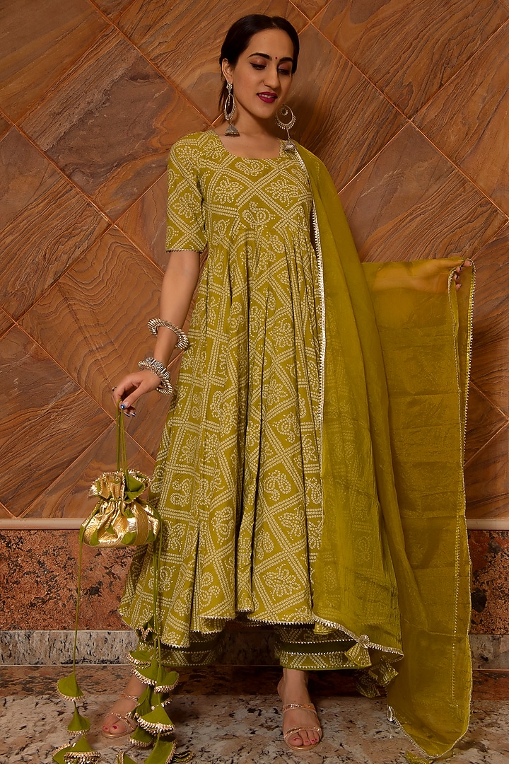 Mehendi Green Bandhej Printed Anarkali Set by Pomcha Jaipur at Pernia's Pop Up Shop