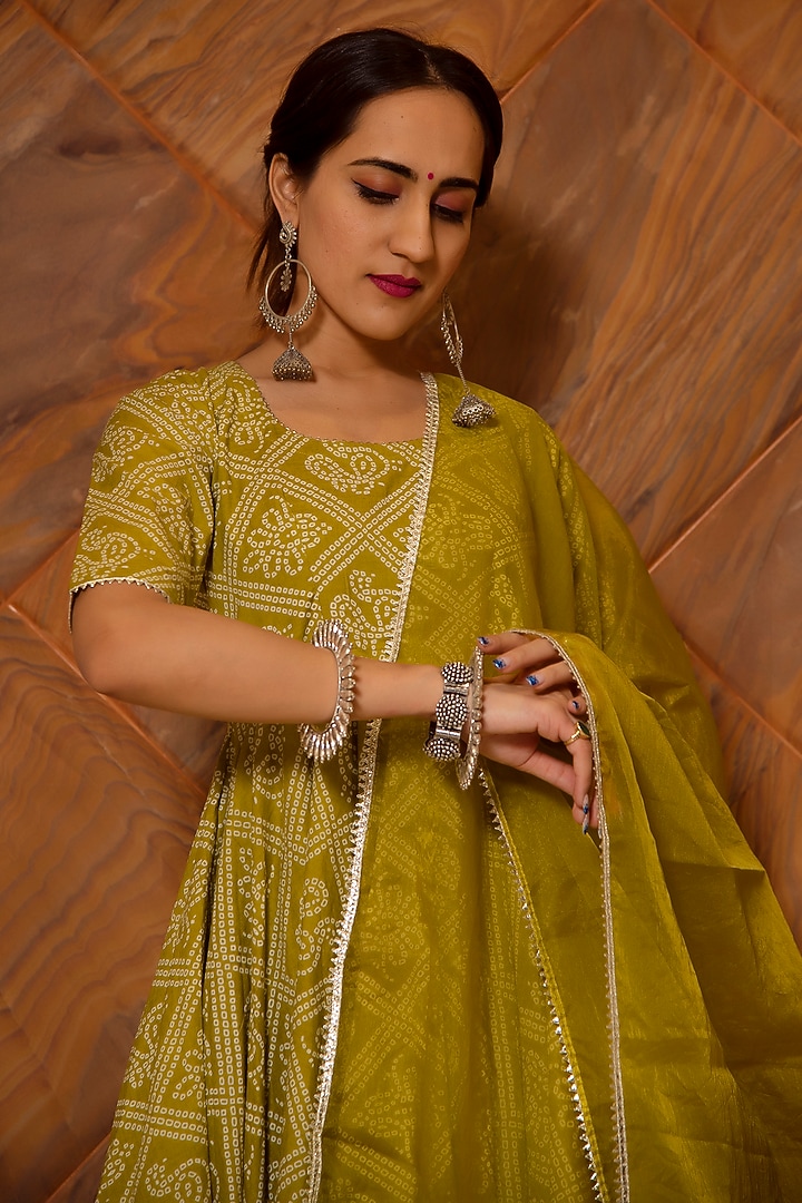 Mehendi Green Bandhej Printed Anarkali Set by Pomcha Jaipur at Pernia's Pop Up Shop