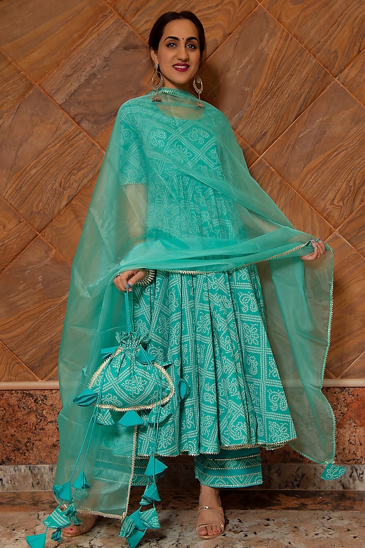 Tiffany Blue Bandhej Printed Anarkali Set by Pomcha Jaipur