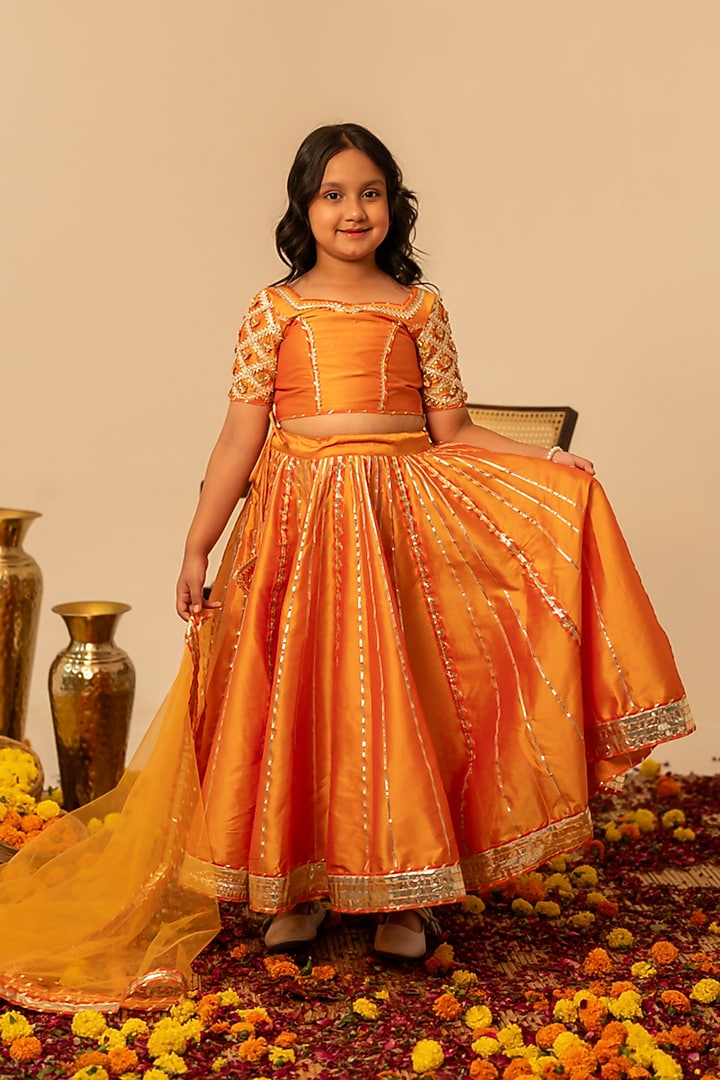 Orange Taffeta Gota Patti Work Lehenga Set For Girls by POMCHA at Pernia's Pop Up Shop