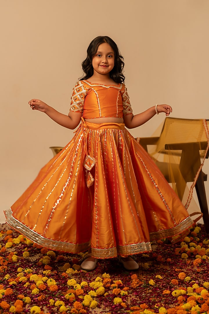 Orange Taffeta Gota Patti Work Lehenga Set For Girls by POMCHA at Pernia's Pop Up Shop