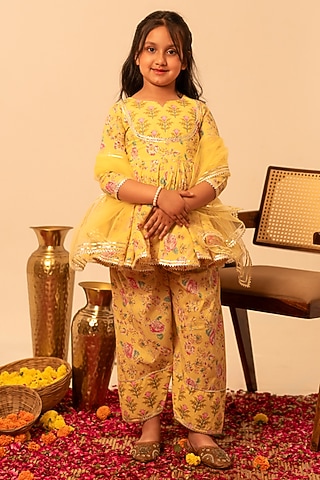 Yellow Cotton Gota Patti Work Anarkali Set For Girls by POMCHA