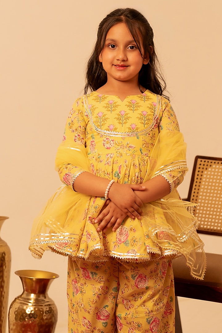 Yellow Cotton Gota Patti Work Anarkali Set For Girls by POMCHA at Pernia's Pop Up Shop