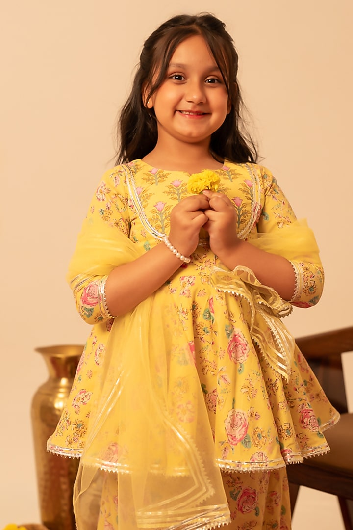 Yellow Cotton Gota Patti Work Anarkali Set For Girls by POMCHA at Pernia's Pop Up Shop