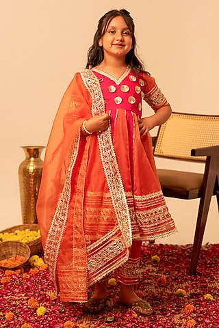 Orange Organza Gota Patti Work Anarkali Set For Girls by POMCHA