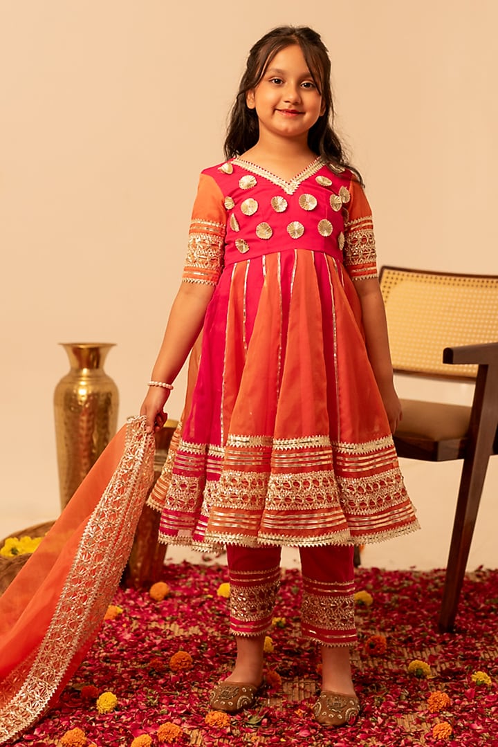Orange Organza Gota Patti Work Anarkali Set For Girls by POMCHA at Pernia's Pop Up Shop