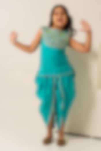 Teal Cotton Hand Block Printed Kurta Set For Girls by POMCHA at Pernia's Pop Up Shop