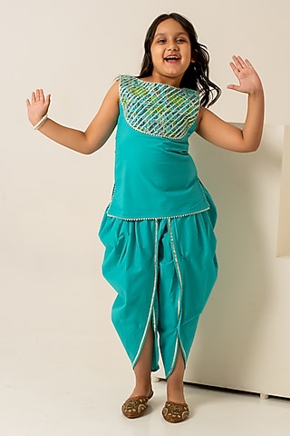 Teal Cotton Hand Block Printed Kurta Set For Girls by POMCHA