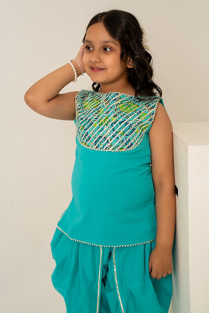 Teal Cotton Hand Block Printed Kurta Set For Girls by POMCHA at Pernia's Pop Up Shop