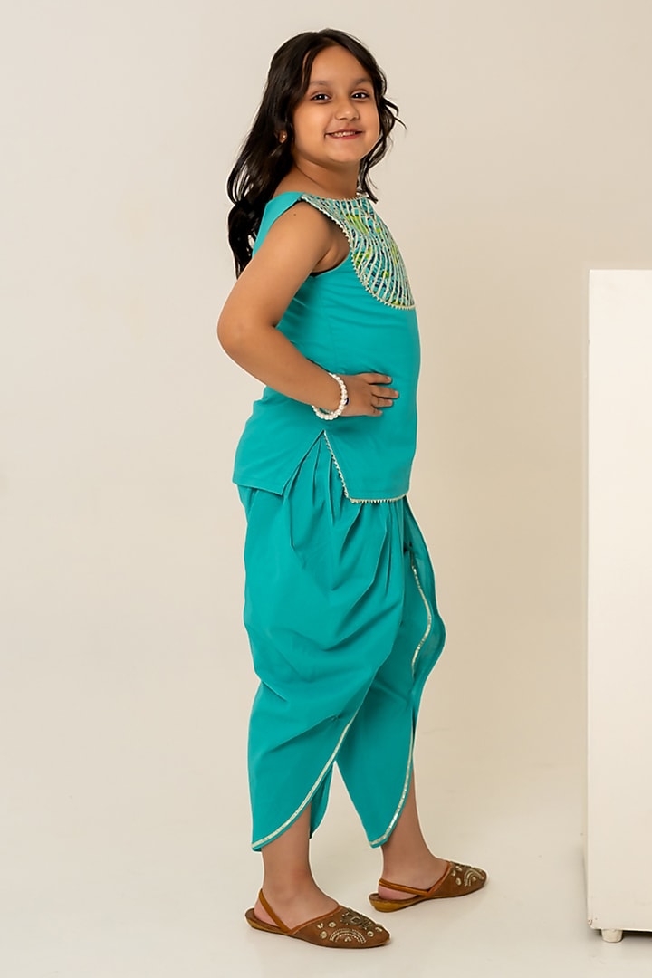 Teal Cotton Hand Block Printed Kurta Set For Girls by POMCHA at Pernia's Pop Up Shop