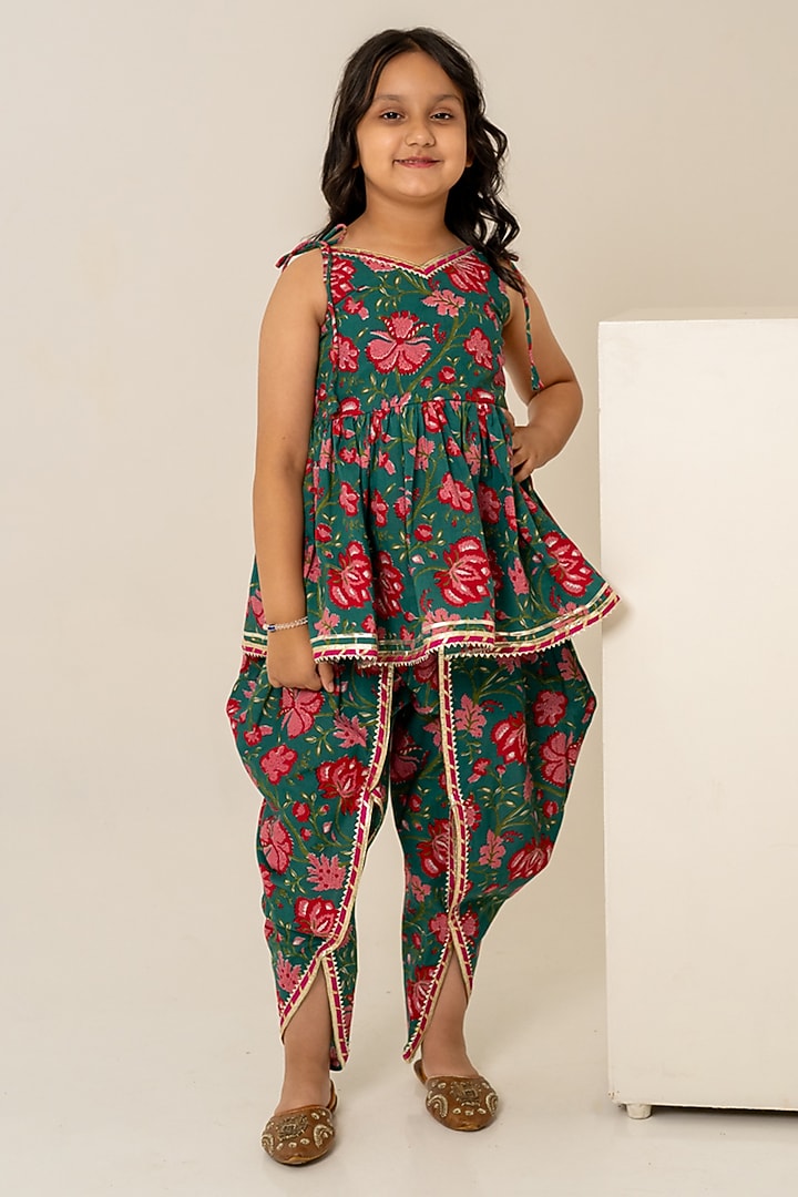 Grey Cotton Hand Block Printed Kurta Set For Girls by POMCHA at Pernia's Pop Up Shop
