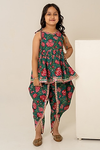 Grey Cotton Hand Block Printed Kurta Set For Girls by POMCHA