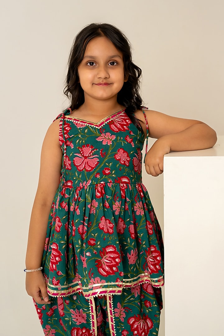 Grey Cotton Hand Block Printed Kurta Set For Girls by POMCHA at Pernia's Pop Up Shop