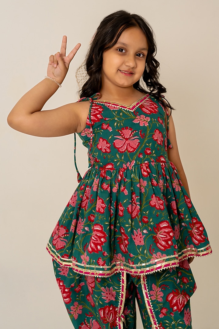 Grey Cotton Hand Block Printed Kurta Set For Girls by POMCHA at Pernia's Pop Up Shop