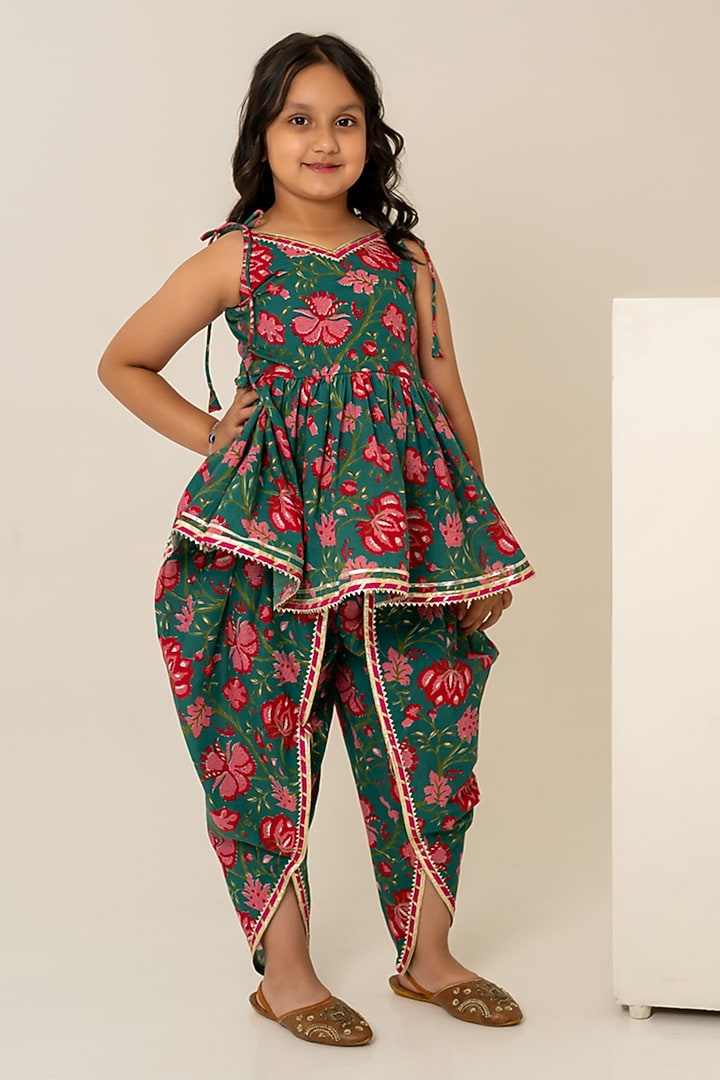 Grey Cotton Hand Block Printed Kurta Set For Girls by POMCHA at Pernia's Pop Up Shop