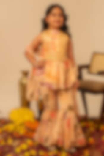 Peach Muslin Hand Block Printed Sharara Set For Girls by POMCHA at Pernia's Pop Up Shop