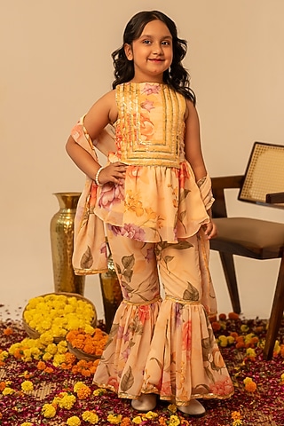 Peach Muslin Hand Block Printed Sharara Set For Girls by POMCHA
