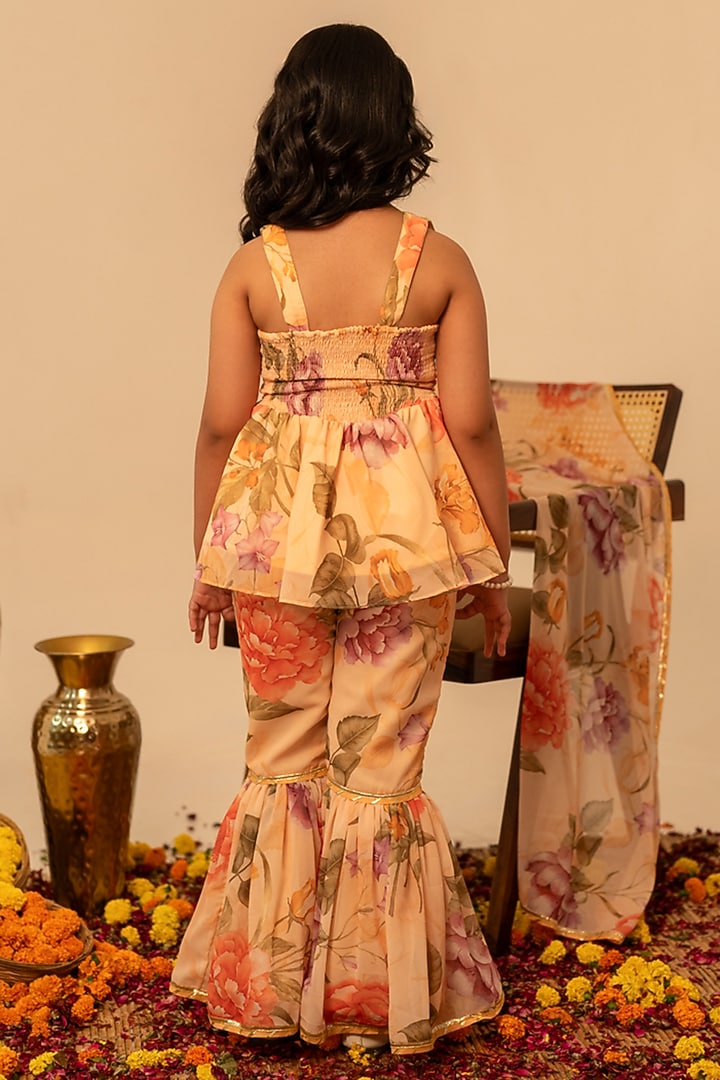 Peach Muslin Hand Block Printed Sharara Set For Girls by POMCHA at Pernia's Pop Up Shop