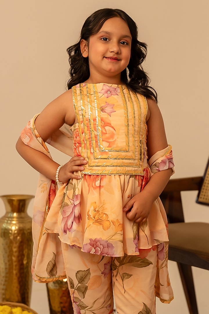 Peach Muslin Hand Block Printed Sharara Set For Girls by POMCHA at Pernia's Pop Up Shop