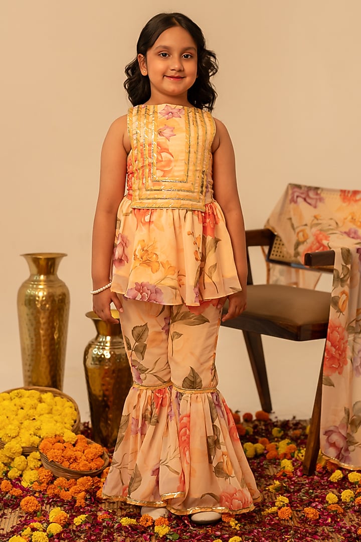 Peach Muslin Hand Block Printed Sharara Set For Girls by POMCHA at Pernia's Pop Up Shop
