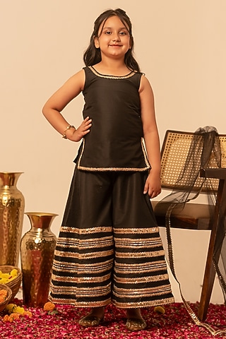 Black Cotton Silk Gota Patti Work Sharara Set For Girls by POMCHA