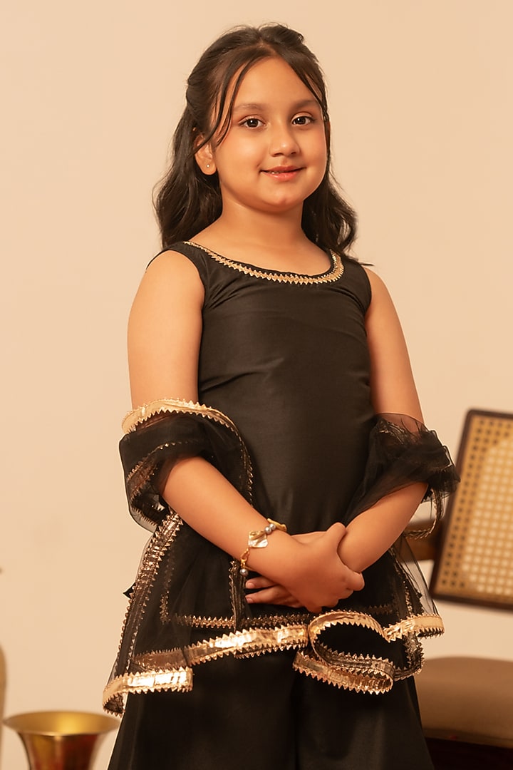 Black Cotton Silk Gota Patti Work Sharara Set For Girls by POMCHA at Pernia's Pop Up Shop