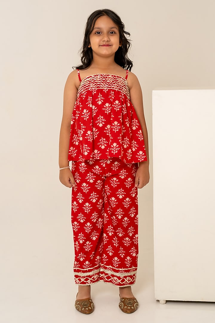 Red Cotton Hand Block Printed Co-Ord Set For Girls by POMCHA at Pernia's Pop Up Shop