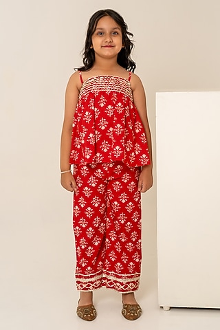 Red Cotton Hand Block Printed Co-Ord Set For Girls by POMCHA
