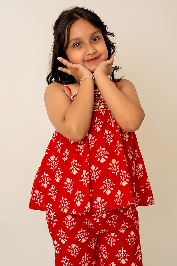 Red Cotton Hand Block Printed Co-Ord Set For Girls by POMCHA at Pernia's Pop Up Shop