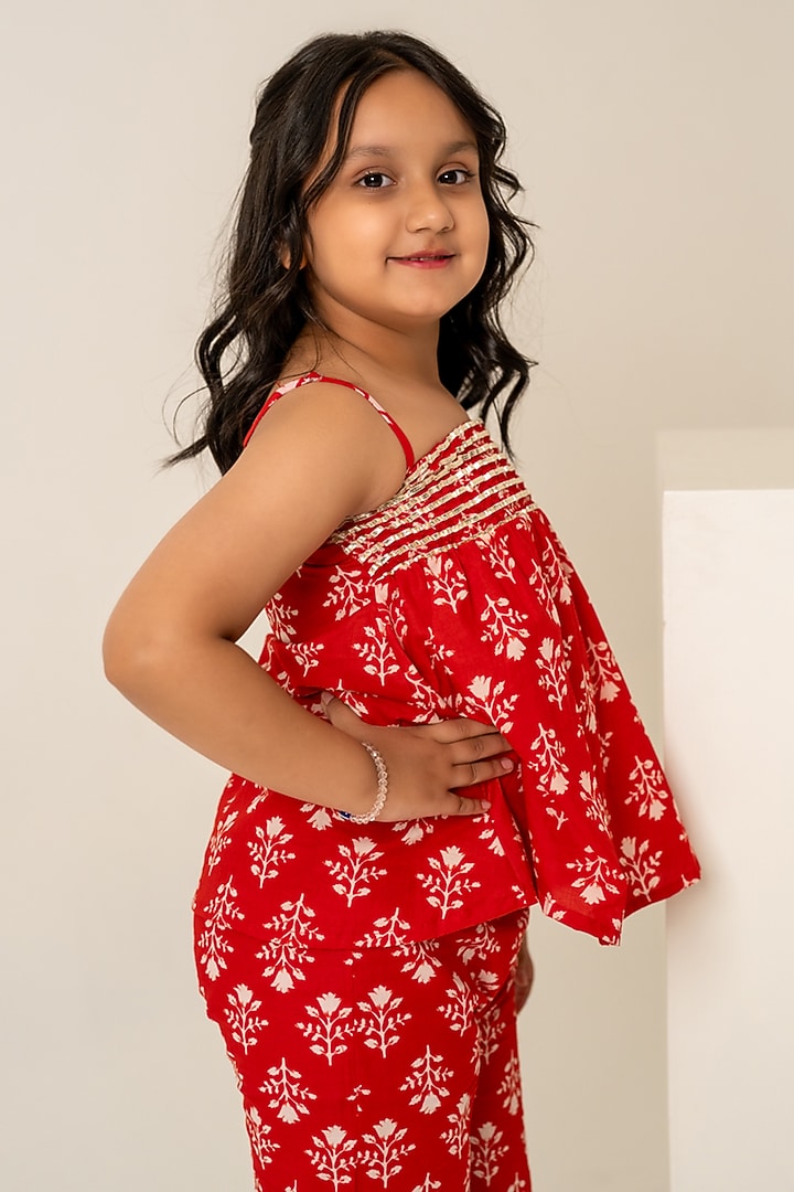 Red Cotton Hand Block Printed Co-Ord Set For Girls by POMCHA at Pernia's Pop Up Shop