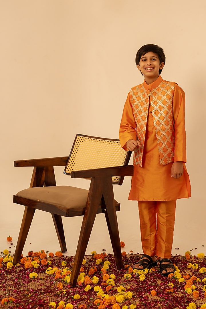 Orange Taffeta Gota Patti Work Nehru Jacket Set For Boys by POMCHA at Pernia's Pop Up Shop